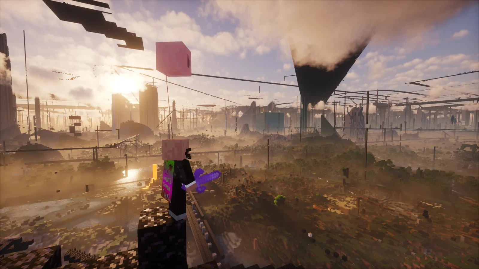 A player standing on a pillar overlooking a ruined, foggy spawn skyline with towers, wires and a giant floating cone at sunset