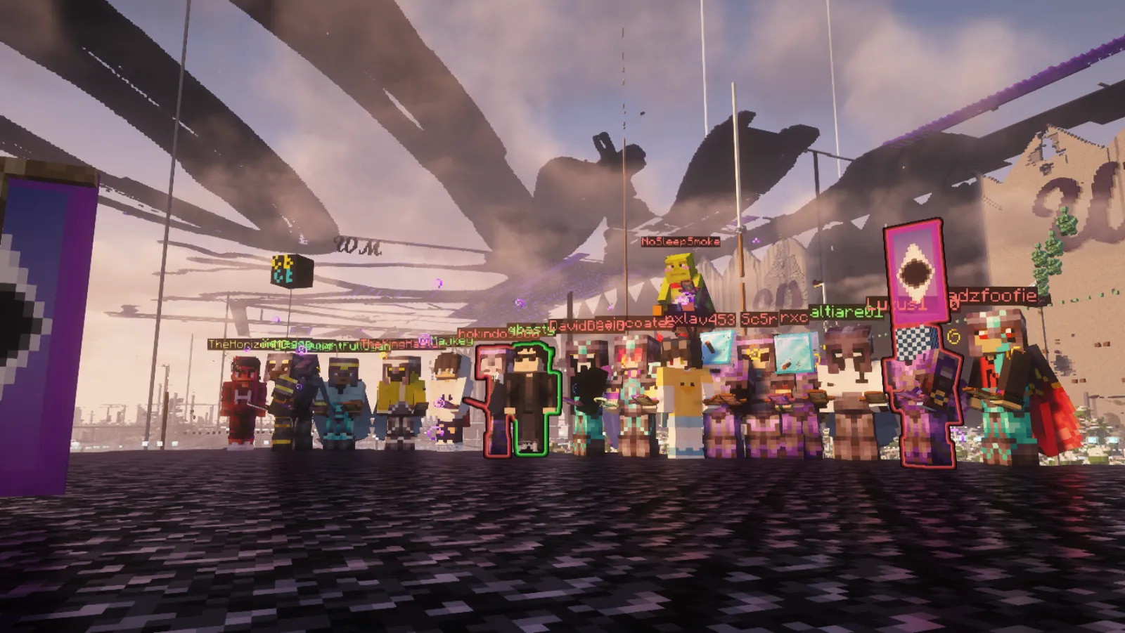 A group of about twenty players lined up on obsidian at 6b6t spawn, with qbasty outlined in green near the middle