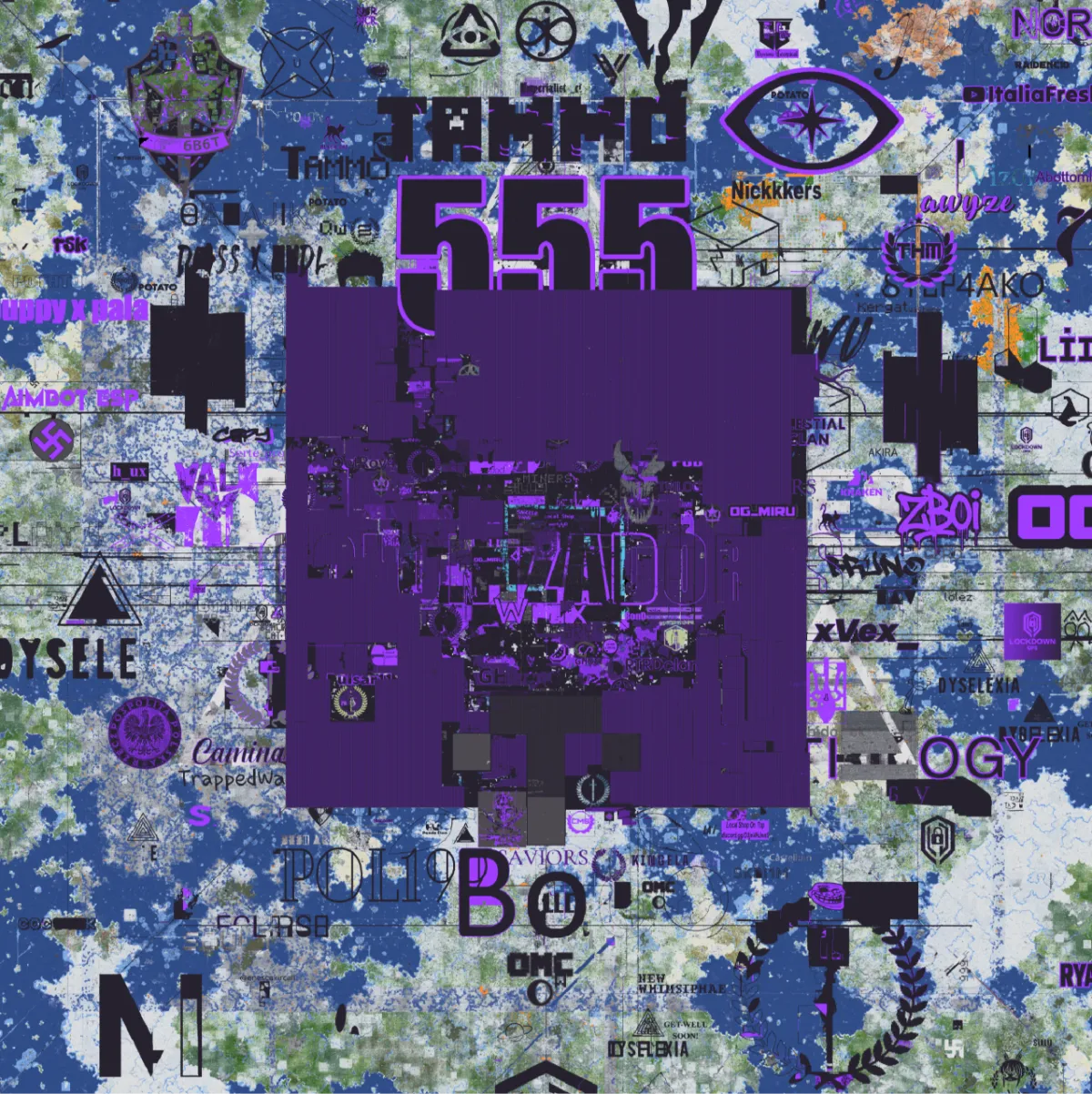 Top-down map of 6b6t spawn covered in faction and player logos built into the terrain, including TAMMO, 555, TRILOGY and several political symbols, around a large purple square