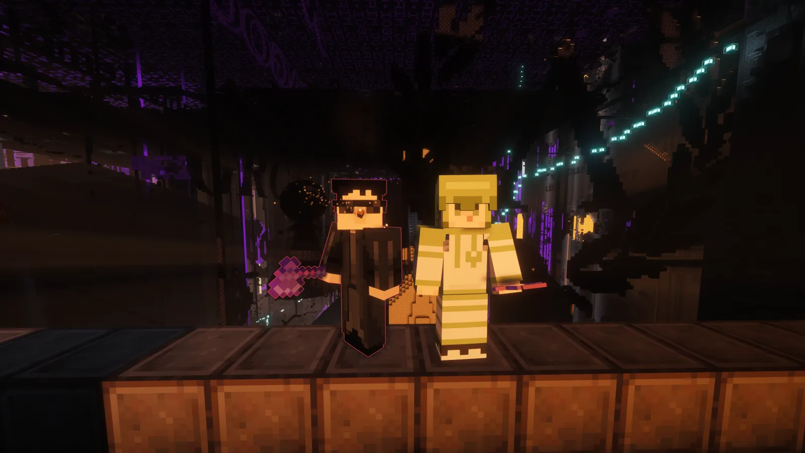 qbasty's sunglasses skin standing beside a yellow-skinned player on a ledge above a dark, purple-lit ruin