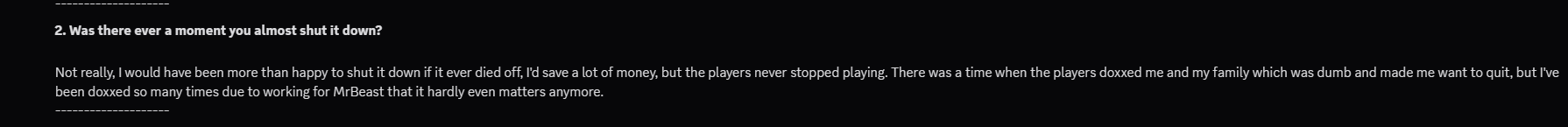 Interview question 2: Was there ever a moment you almost shut it down? Plutoren says not really — he'd have been happy to if it died off, but players never stopped.