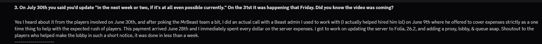 Interview question 3: about the 30 July update note and whether he knew the video was coming. He learned from players, a Beast admin offered a one-time payment for expenses, he spent it all on the server and rebuilt on Folia 26.2.