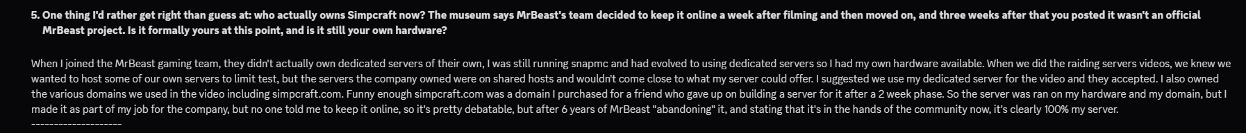 Interview question 5: Who actually owns Simpcraft now? Plutoren explains MrBeast Gaming had no dedicated servers, he offered his SnapMC hardware and owned the domains including simpcraft.com, and concludes it's clearly 100% his server.